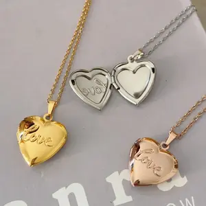 Openable Photo Memory Box Necklace Stainless Steel Heart Pendant Personalized Name Pendant Necklace with Heart mom ever book necklace Custom Script charm bold elegant initial letter unisex Titanium Steel Electroplating 41cm-50cm