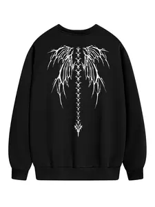 Women's Skeleton Wings Print Casual Round Neck Sweatshirt, Fall Winter Fleece Lined Pullover, Warm Long Sleeve Top for Ladies