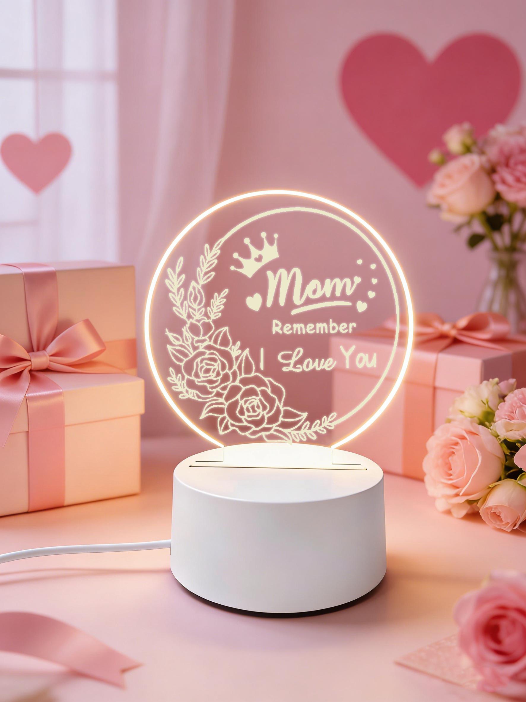 Mom Remember I Love You 2D Acrylic LED Night Light, Rose Crown Engraved Warm White Bedside Lamp, USB Powered Desk Decor Lamp, Best Mother's Day Birthday Gift for Mom, Bedroom Living Room Home Decor Nightlight