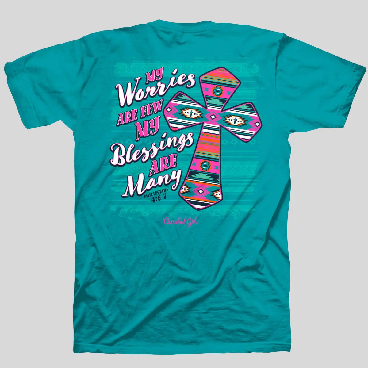 Women's 100% Cotton Religious T-Shirt - Tropical Blue Short-Sleeve Round Neck, Serape Cross Print, "Pray About Everything" Graphic Tops, Shortsleeve, Fit, Tshirt, Taped Neck, Standard Fit