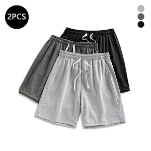 2-pack light gray knit drawstring mid-length solid men’s shorts, street style, comfortable for everyday wear