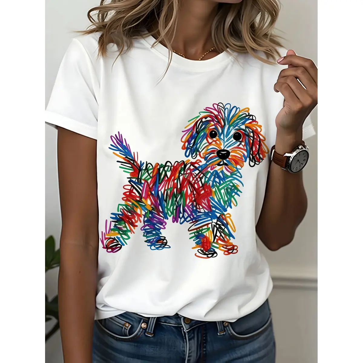 Women's Heavyweight Boxy Loose Fit Cotton T-Shirt, Short-Sleeve Crew-Round Neck, Rainbow Puppy Print, Streetwear Cute Aesthetic, Breathable Comfortable Pet Lover Daily Casual Top