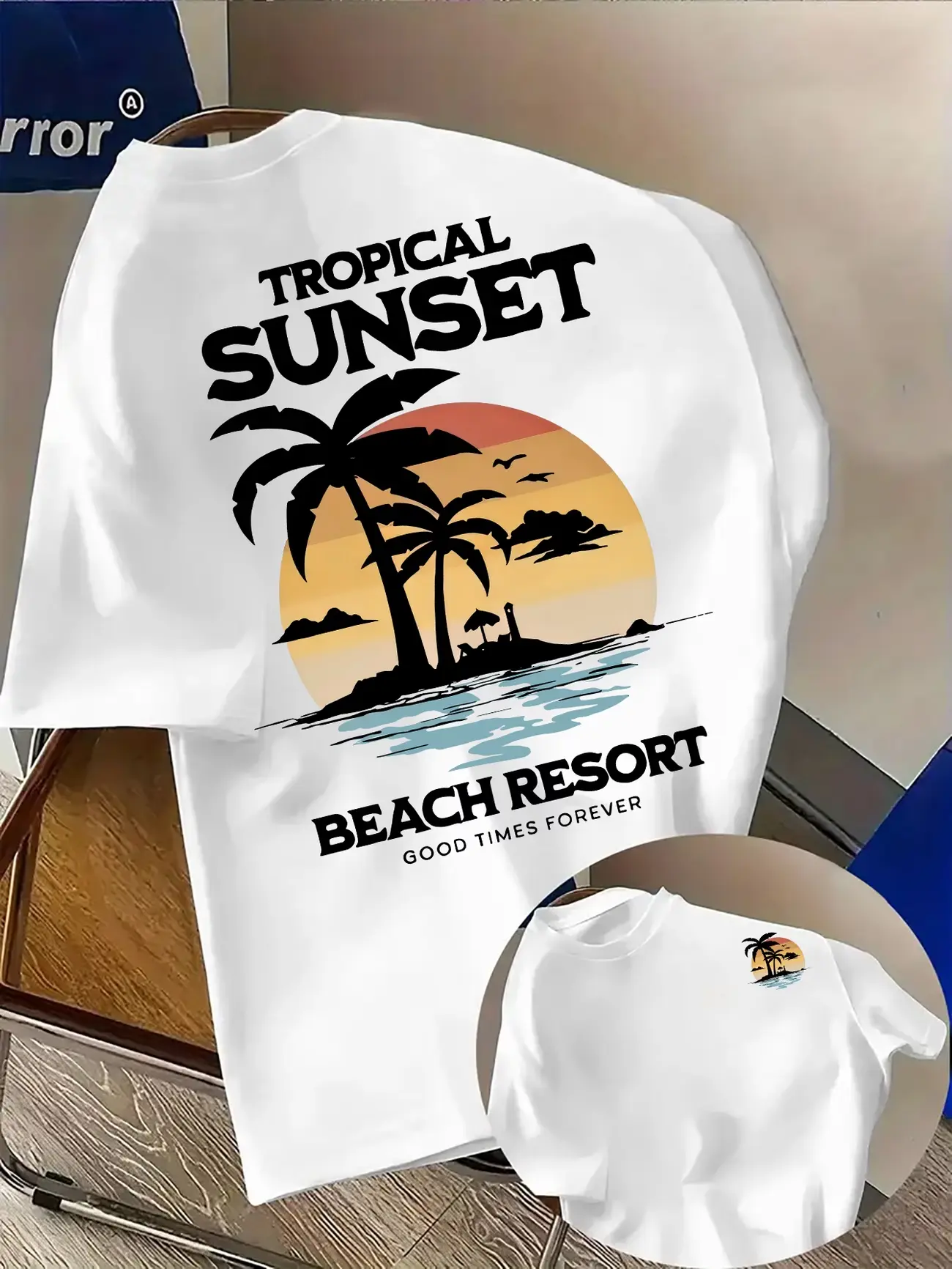 "TROPICAL SUNSET" Casual T-Shirt with Beach Coconut Tree Pattern - Casual Shirt with Front And Back Hot Stamping Print, Machine Washable Everyday Streetwear Top