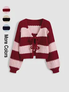 Women's Loose-Fit Striped Colorblock V Neck Sweater, Casual Long Sleeve Drop Shoulder Cardigan for Spring & Fall, Ladies Fashion Outerwear Knitwear