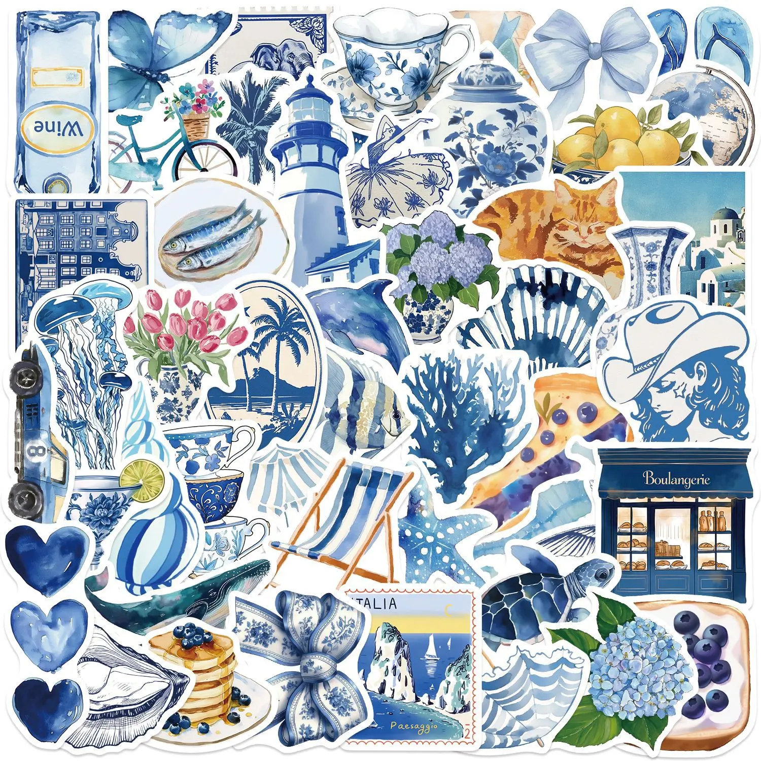 50pcs Cartoon INS Wind Blue Graffiti Series Stickers Decorative Graphic Decal, Cool Car Decoration, Decals Stickers, Multipurpose Car Decal, Suitable for Scrapbooks, Diaries, Laptops, Water Bottles, Cars, etc., As Gifts