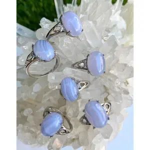 Wholesale Lot 6 Pcs Natural Blue Lace Agate White Bronze rings