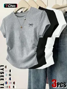 Women's Cat/Bow Print Tee, Casual Short-Sleeve Round-Neck T-Shirt for Daily Wear, Ladies' Clothes for All Seasons