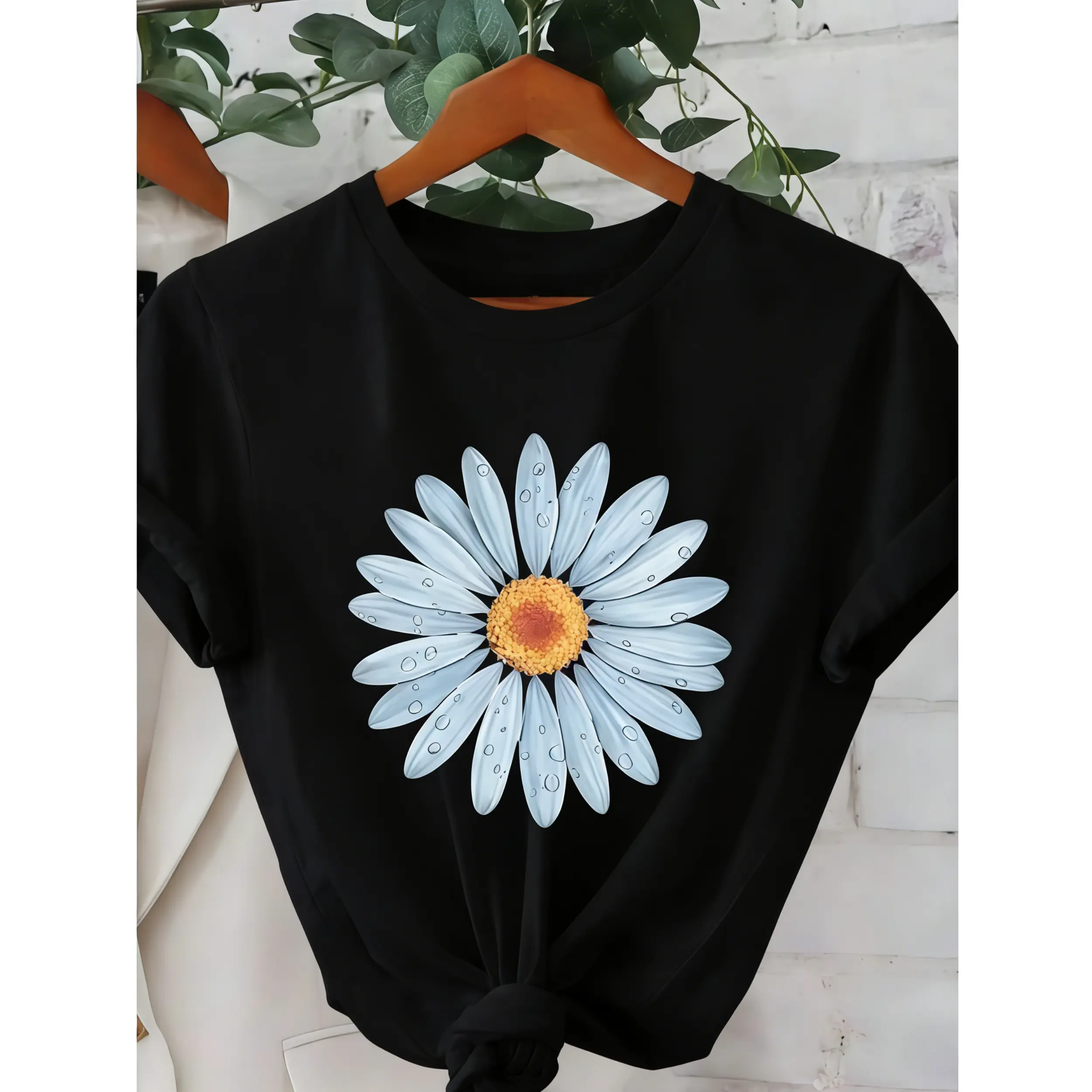 Sweet Daisy Print Cotton T-Shirt for Women, Casual Loose Fit Round Neck Basic Top with Short Sleeves for Summer