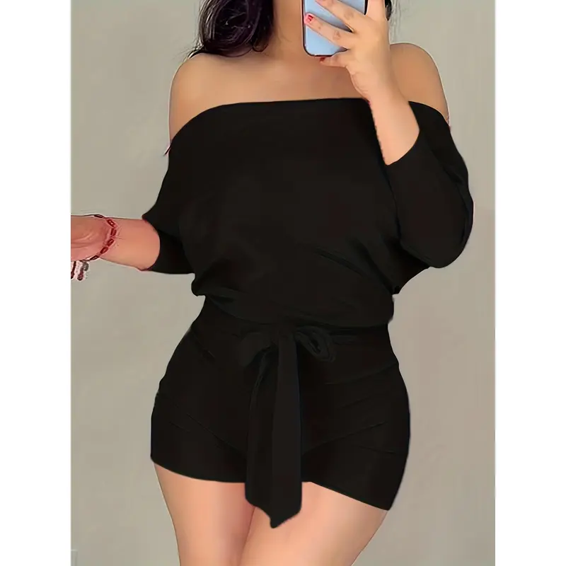 Women's Plus Size Off-Shoulder Batwing Sleeve Romper - Black, Casual Knot Front Jumpsuit, Stretchy Polyester Blend, Machine Washable, Summer Fashion