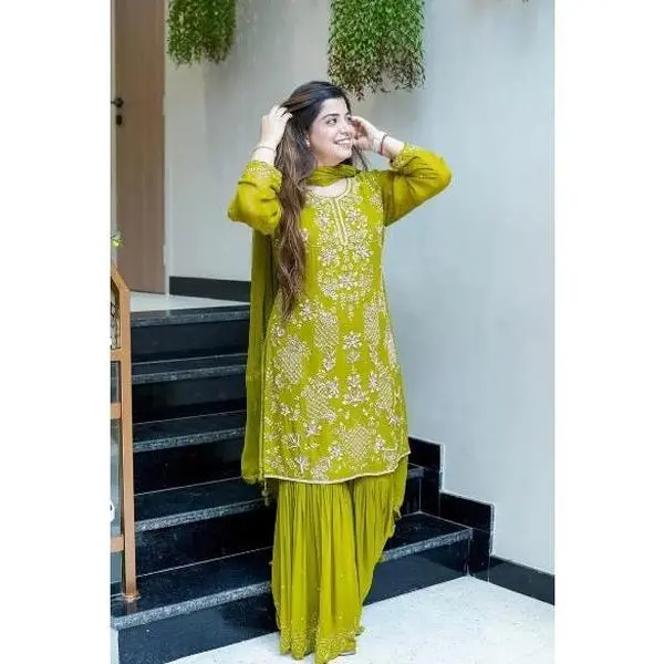 DESIGNER GEORGETTE EMBROIDERY SEQUENCE WORK TOP SHARARA WITH DUPATTA