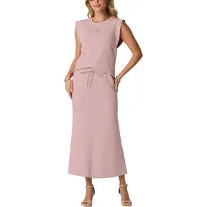 GRECERELLE Women Summer 2 Piece Sets Round Neck Wrinkle-Free Top & Elastic Waist Midi Fishtail Skirt with Pockets(XS-3XL)