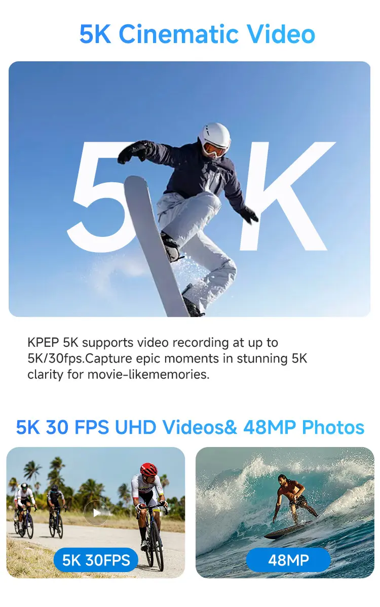 KPEP Real 5K Action Camera, 1/2.86" Sensor, 5K Cinematic Video, Hyper Stabilization, Drop-Proof & Waterproof Up to 100 Ft, Great for Motorcycle, Bike Riding, Running, Climbing, Beach Trips, Water Sports  Daily vlogging camera