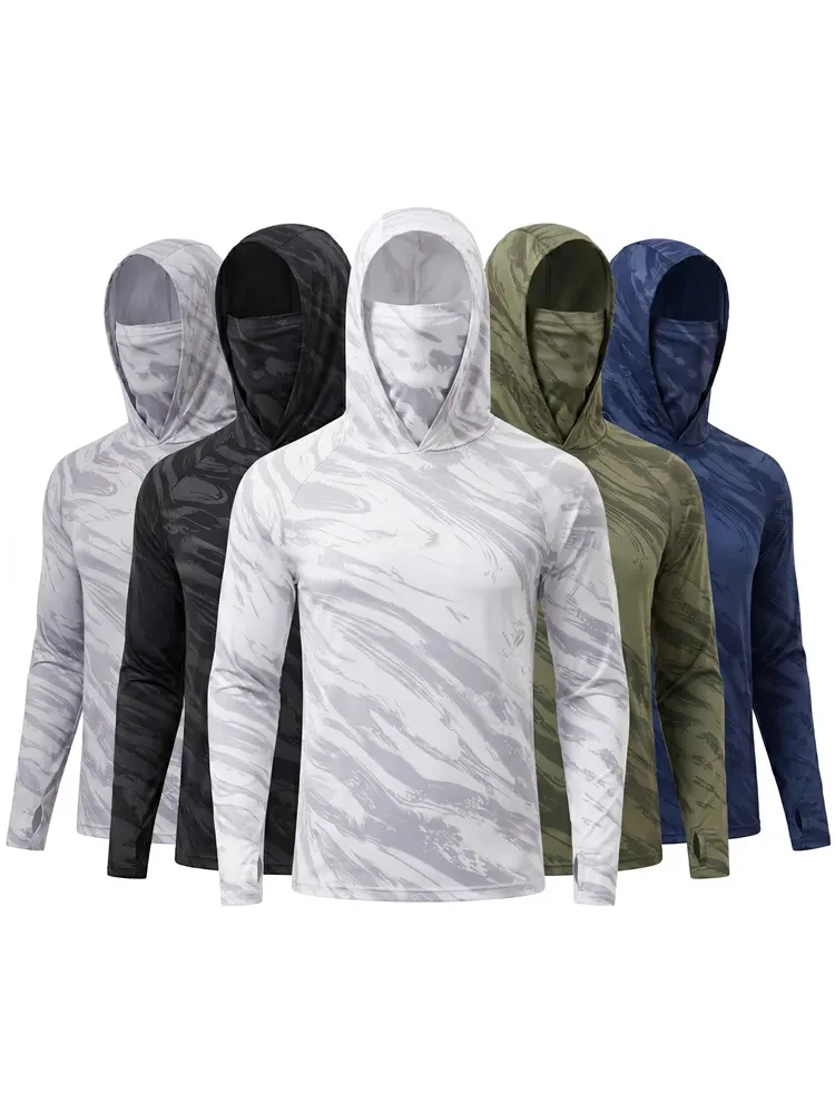 Male 5-Pack UPF Sun Protection Long-Sleeve Polyester Blend Compression Fit Athletic Sports Tops - Tactical Fitness Exercise Wear with Camouflage Balaclava Hoodies for Outdoor Hunting, Fishing Fitness Shirt, Athletic Sports Top, 5-Pieces, Camo Pattern Athl