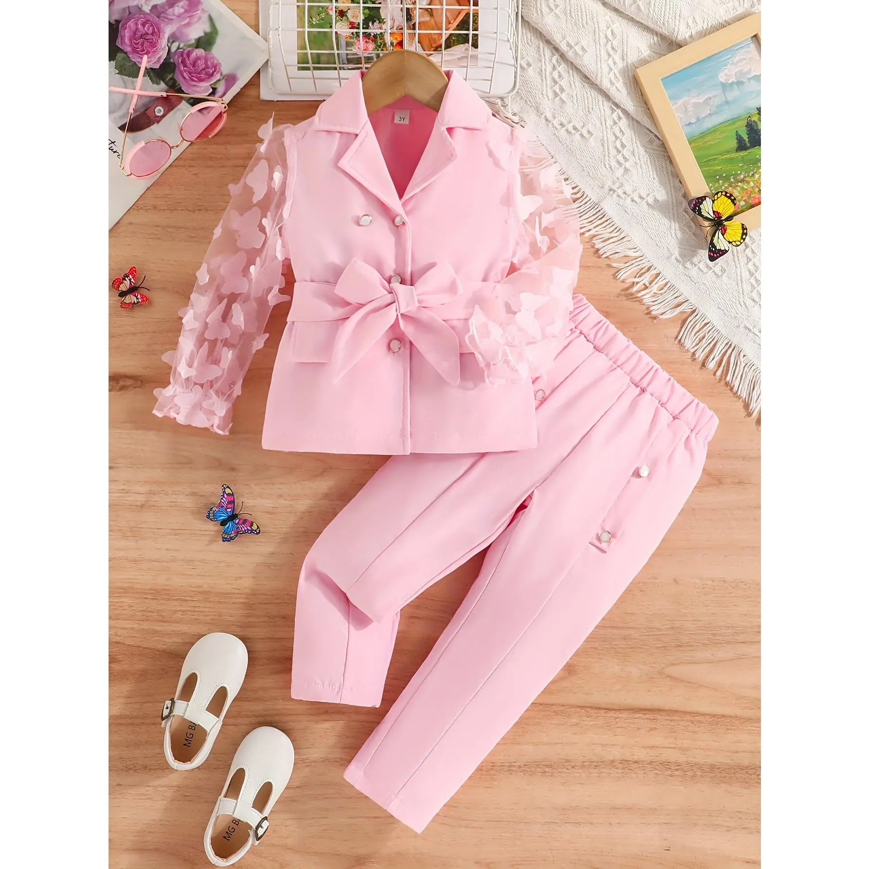 Girls' 2-Piece Woven Pants Set - Elegant Butterfly Print Color-Block Sheer Blazer & Full Length Trousers, Regular Fit, 100% Polyester, Hand Wash, Dry Clean Option, All Seasons, Mesh Fabric
