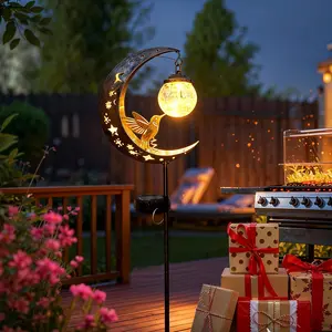 Solar Ground Stake Light, Lawn Decoration Lamp, Hollow Iron Bird Moon Design, Includes Broken Glass Ball, Outdoor Garden Pathway Decor, Solar Garden Lights