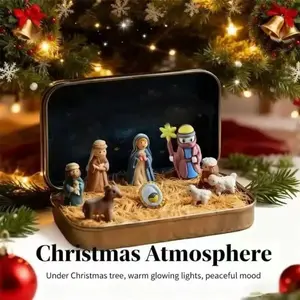 Mini Christmas Nativity Set in Tin Box, Handmade Scene, Portable Holy Family Display, Home Festival Indoor Decor, Desk, Bookshelf, Office, Travel