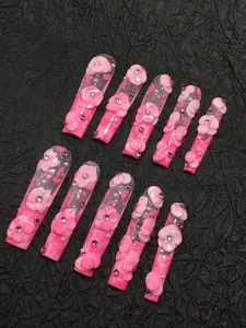 10 Pcs Coffin Long Press On Nails Soft Pink Gradient With Layered Floral Pattern And Gloss Finish For Daily Wear