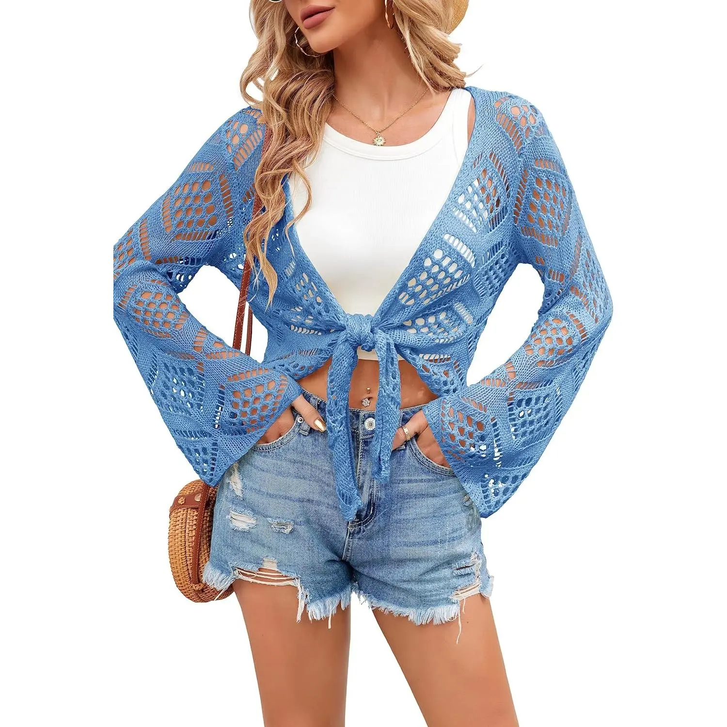 Saodimallsu Women's Summer Boho Crochet Coverup Sheer Beach Bathing Suit Outfit 2025 Swimsuit Cover Ups Shrugs Crop Swimwear