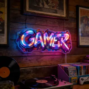 LED Light Up Gamer Neon Sign, Fixed Colorful Neon Graffiti Wall Decor, 5v USB Powered, Acrylic Illuminated Art for Game Room, Bedroom, Gaming Setup, Gamer Gifts, Led Neon Lights