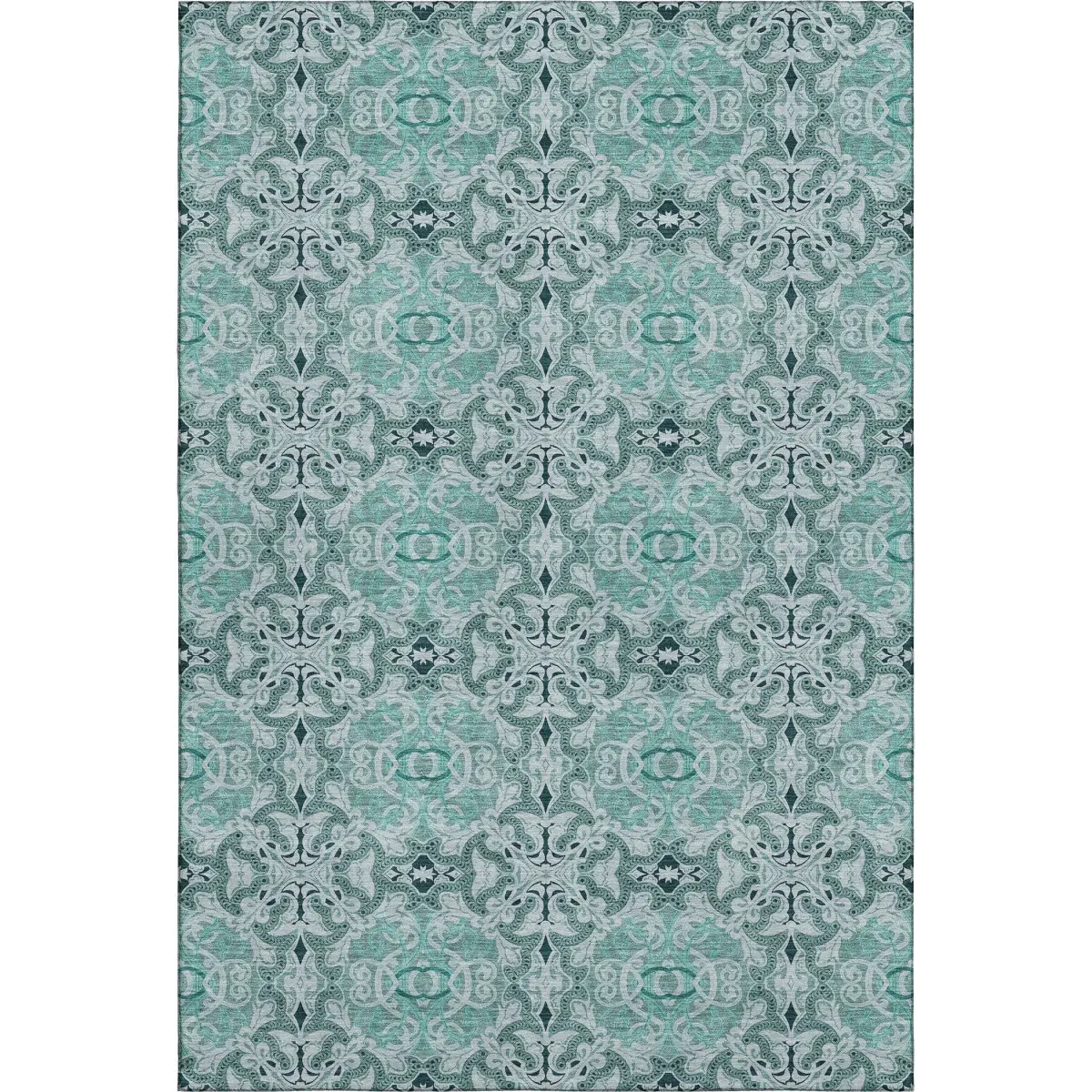 HomeRoots 665112 5 x 8 ft. Teal & Ivory Medallion Transitional Washable Machine Made Rectangle Area Rug with UV Protection