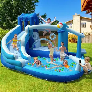 Inflatable Water Slide Water Park, 7 in 1 Grocery Store Wet Dry Combo Water Slide with Powerful Blower, Water Slide for Kids Backyard Party Summer Splash Fun