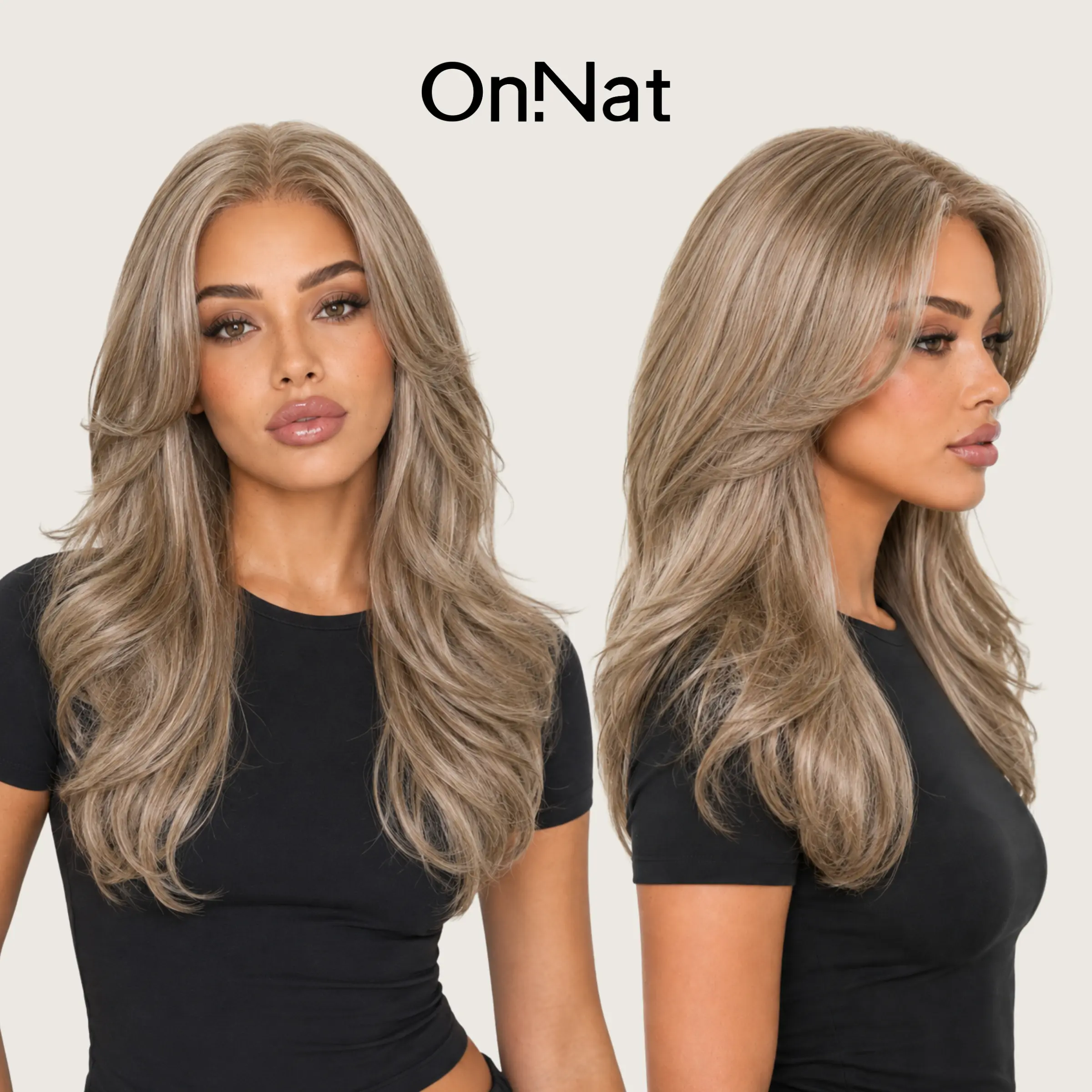 Mia - OnNat Champagne Ash Curtain Bangs Wig | Glueless Middle T-Part Lace Pre-plucked Hairline Long Layered Wavy Blowout Wig with Secure Elastic Band Low Density Natural-looking Silky Heat-Resistant Human Hair Blend Beginner-Friendly Wig