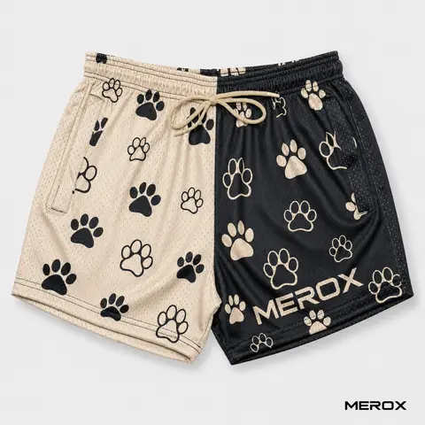 MEROX 5" Inseam Length Breathable Mesh Shorts - Split Paw Print Design - Unisex Athletic Workout Gear with Secure Zip Pockets for Weightlifting Gym Gym