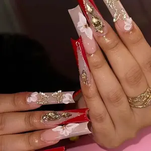 24 Pcs 3D French Long Square Nails, 3D Flower Butterfly Design, Rhinestones, French Nail Art, Glossy Gel False Nails, Reusable, Free Jelly Glue & Nail File