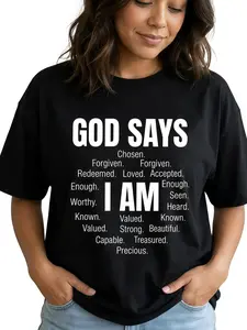 Christian Shirt Women God Says I Am Graphic Tee Inspirational Faith Casual Cotton Menswear Crew Neck Print T-Shirt Top Womenswear Streetwear Tshirt Stylish Classic Short Sleeves