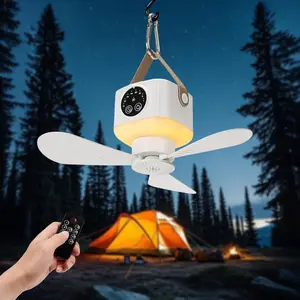 Perated Ceiling Fan for Camping,Telescopic Stand,Remote Control, Detachable an  d Hook 4 Speeds 3 Brightness Timer Portable Ceiling Fan for Tents Picnics Travel
