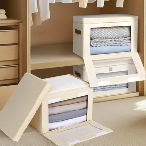 【SUHOPE】Summer Super Deal Large Closet Storage Organizer - Clothes Storage Bins with Handles & Window, Collapsible Decorative Boxes with Lids, Fabric Containers for Living Room, Dorm, 2 Pack, Beige