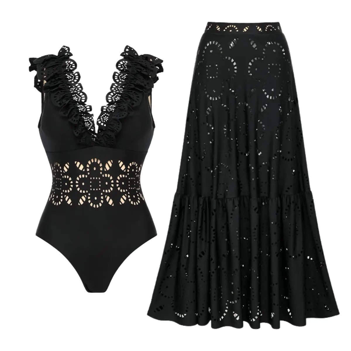 FLAXMAKER Women's Black Laser Cut Ruffle Flower Hollow  V Neck One Piece Swimsuit and Matching Cover Skirt Set Swimdress Stylish Beachwear Bathing Suit new Swimoutfit swim sets for women#Summervibes #Summervibes outdoorfun #SwimWeek