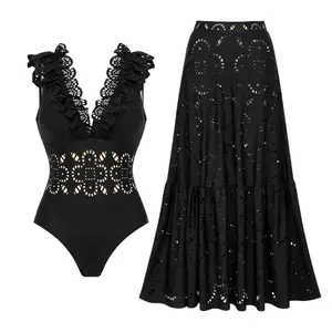 FLAXMAKER Women's Black Laser Cut Ruffle Flower Hollow  V Neck One Piece Swimsuit and Matching Cover Skirt Set Swimdress Stylish Beachwear Bathing Suit new Swimoutfit swim sets for women#Summervibes #Summervibes outdoorfun #SwimWeek