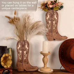 Bohemian Style Wooden Cowboy Boot Wall Vase Brown Creative Flower Planter Holder For Dried Flowers Plants Indoor Outdoor Farmhouse Decor Living Room Entryway Bedroom Bathroom