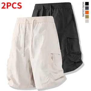 Men’s summer cargo shorts with a drawstring waist, flap pockets, and patch detailing; knee-length (biker/five-finger) length; Japanese retro style; multi-pocket design; lightweight for summer; loose straight cut; casual streetwear; suitable for wearing ou