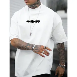 Men's Summer Short Sleeve T-Shirt Letter Print Round Neck Casual Top Breathable Regular Fit Blanks for Brand Text Hand Washable Casual Attire Promotional Events in Stock