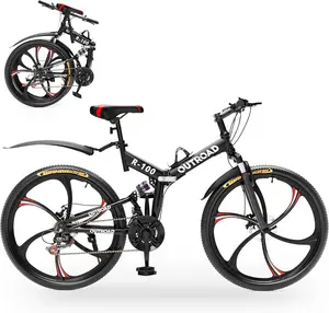 Outroad 26 Inch Folding Mountain Bike, 21 Speed Full Suspension High-Carbon Steel MTB Foldable Bicycle, Dual Disc Brake Non-Slip Folding Bikes for Adults/Men/Women, Black, Orange and Green