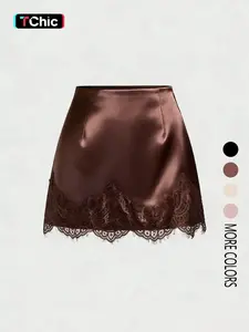 Women's Elegant Satin Lace Trim Patchwork Short Skirt, Perfect for Daily Commuting, Stylish and Comfortable Fashion Dress