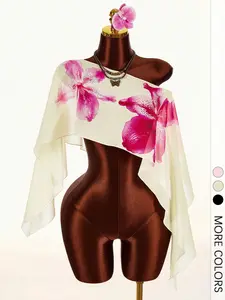 Women's Floral Print Shawl, Lightweight Off Shoulder Sheer Cover Up For Beach & Vacation Beach Coverups