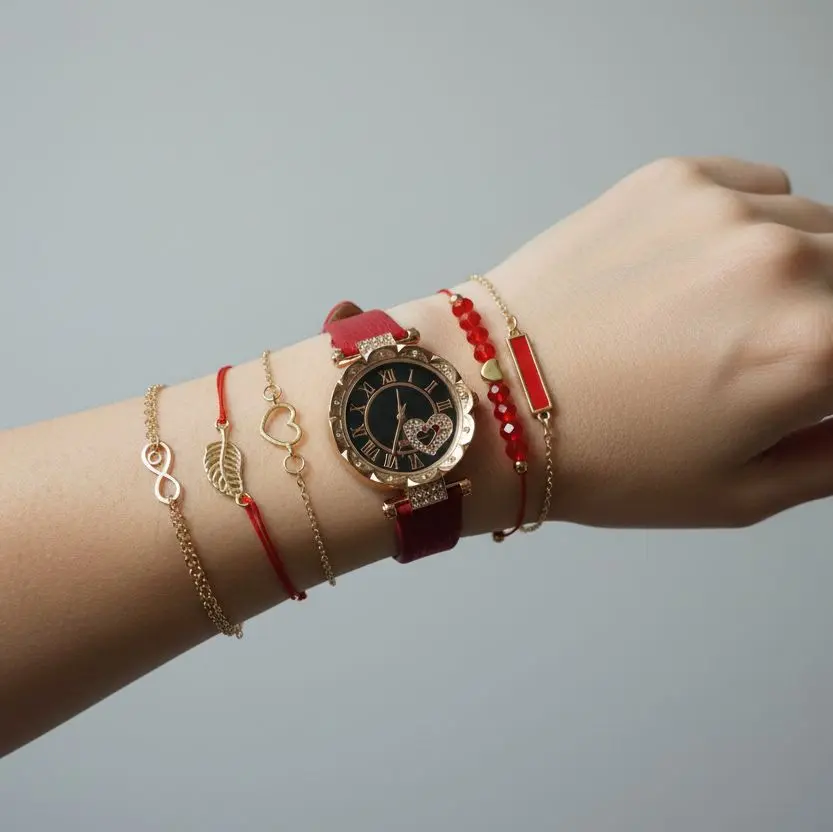 LeBooie Boutique Fashionable Wristwatch Set - Women's Romantic Urban Fashion Combo, Modern Trendy Red Leather Analog Watch with Gold-Tone Accents, Trendy Exquisite Piece for Casual-Formal Wear, Modern Trendy Watch