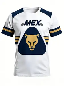Men's Unam Mexico Football Sport T-Shirt, Street Style Round Neck Short Sleeve Top, Loose-Fitting Geometric Pattern, All Seasons