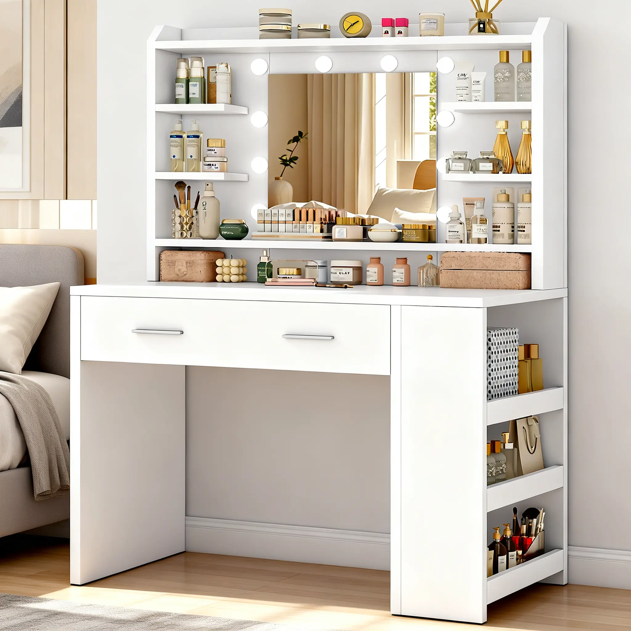 Vanity Desk with Mirror and Lights,10 Lights,3 Color Modes,Makeup Vanity Desk with 6 Storage Shelves and 2 Drawers,White vanitys-New Upgraded Quality for Bedroom.