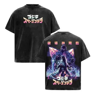 Godzilla vs SpaceGodzilla Vintage Acid Wash Graphic Tee Oversized Lightweight Cotton T-Shirt Men Wome Japanese Monster Movie Kaiju Streetwear Y2K Harajuku Anime Top Pop Culture Geek Gamer Gift Distressed Washed Classic Sci-Fi Trendy Apparel 。