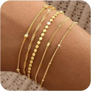 Gold Bracelets for Women, 14K Gold Plated Stackable Bracelet Stack Set Adjustable Charm Paperclip Chain Snake Link Layered Waterproof Jewelry Sets Gifts