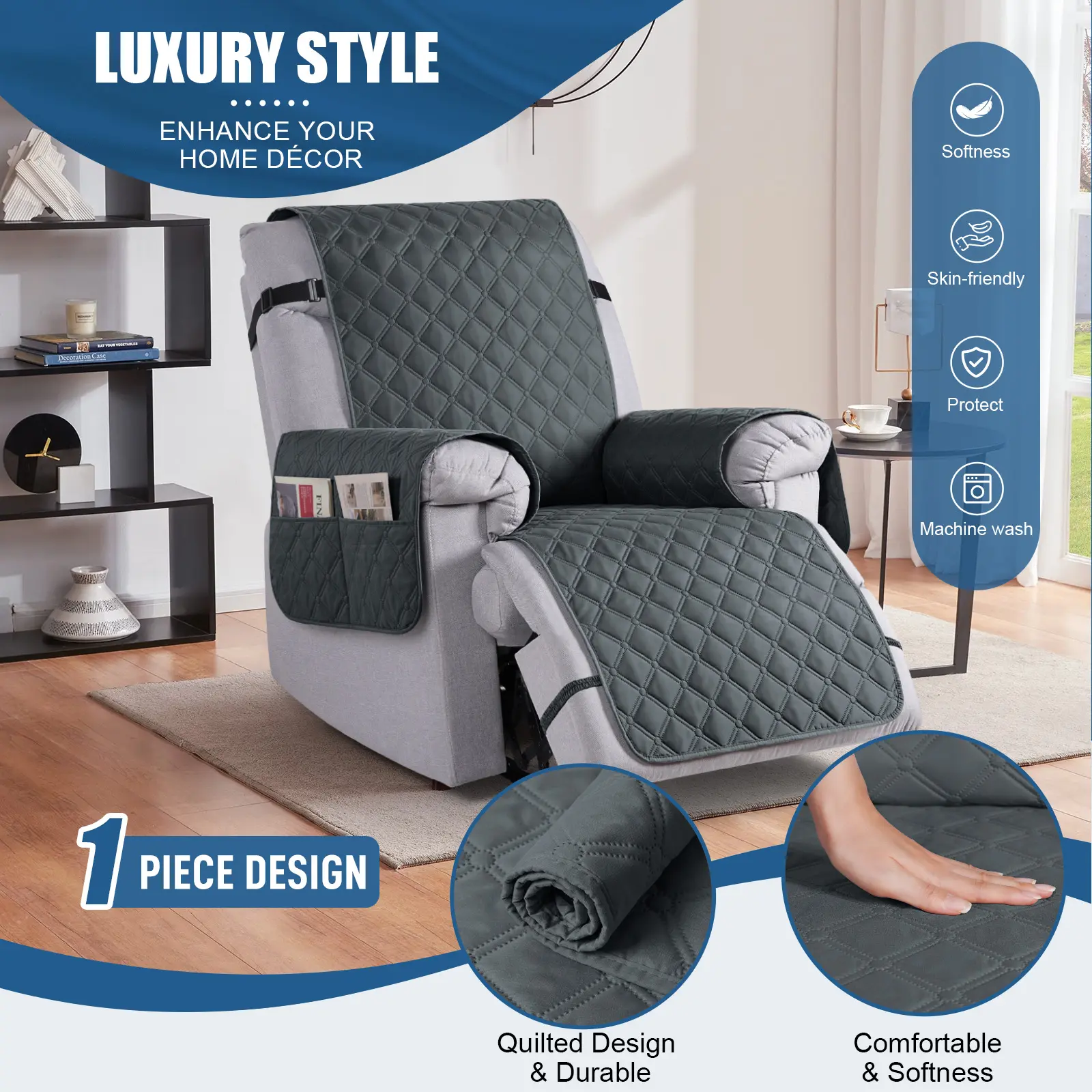 TAOCOCO 1 Seater  Recliner Cover, 100% Waterproof Reversible Recliner Sofa Slipcover With Fixing Leg Straps, Washable Anti-Slip Furniture Protector For Pets Kids