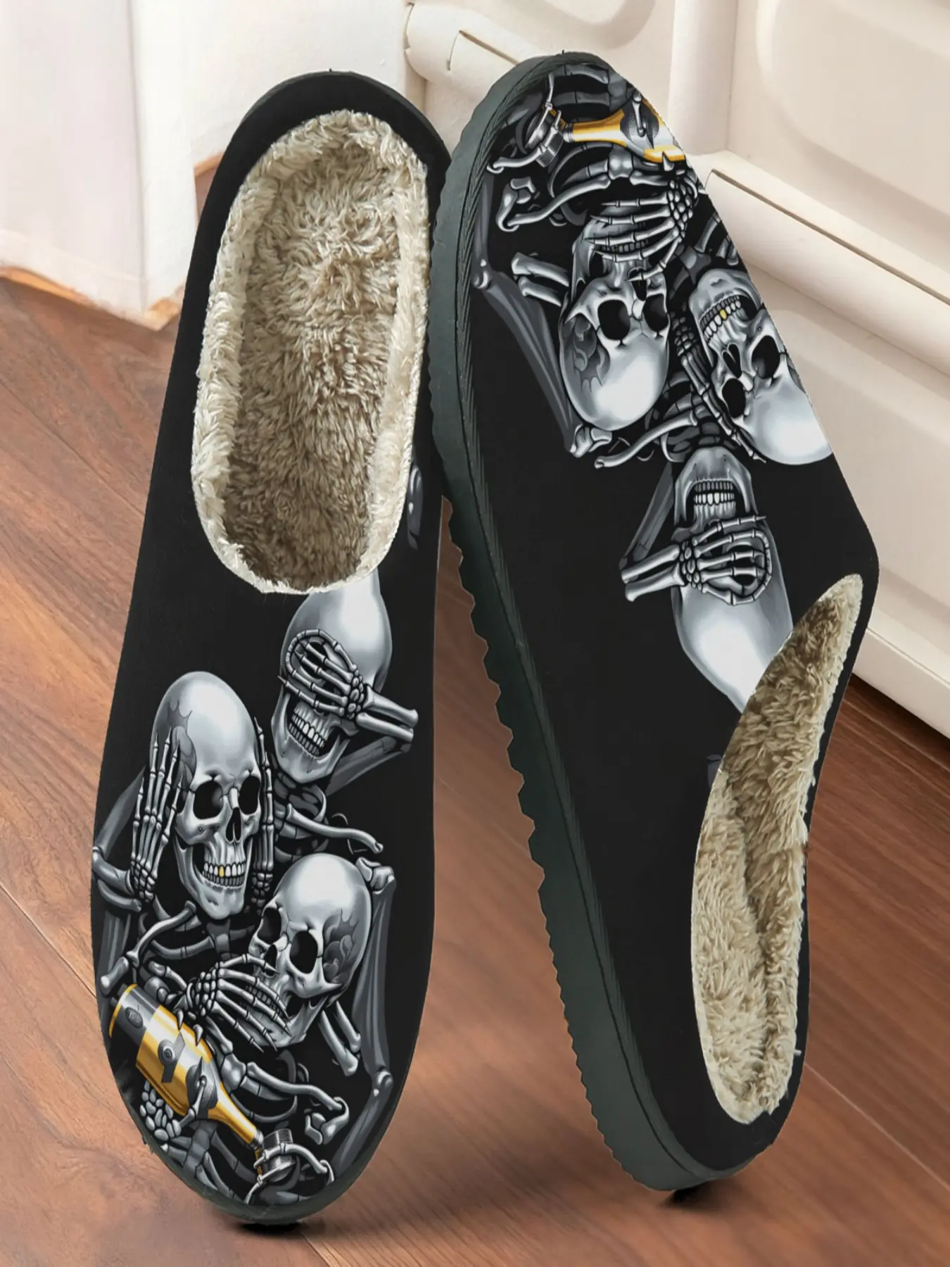 Skeleton Party Funny Home Plush Slippers 1 Pair, Funny Dark Party Style, Faux Fur Lining + Fleece-Lined Warmth + Platform Cushioning, Funny Dark Style Enthusiasts & Home Lovers for Home Foot Warmth + Stylish Daily Outfits, Winter Must-Have!