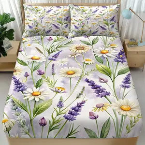 Purple White Lavender Bouquet Fitted Sheet Set, Decorative Bedding Set (3 Pcs): Includes 1 Fitted Sheet + 2 Pillowcases. Features Purple-white Lavender Bouquet, Art Printing & Durable Fabric. Ideal for Healing Users, Literary Groups; Fits Bedrooms, Dorms