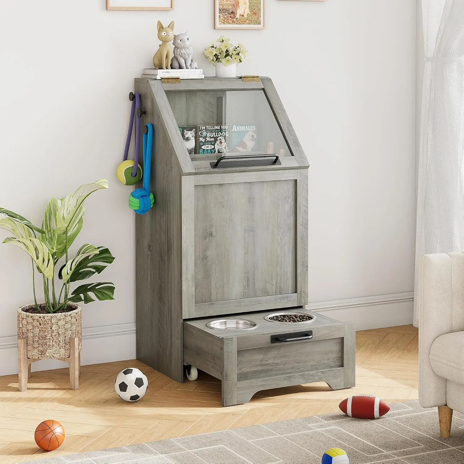 Dog Food Storage Cabinet with Storage,Pet Feeding Station,Flip Top Dog Food Cabinet with 2 Elevated Dog Bowls,Modern Hidden Design, Cat Storage Organizer, for Food and Pet Supplies Storage,Grey