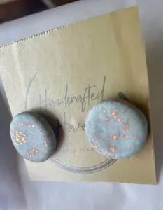 Hand Made Baby Blue and Copper, round, Polymer Clay Studs!