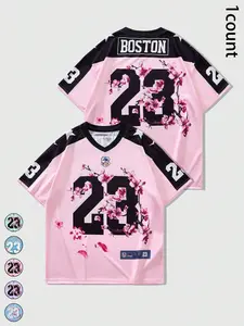 Unisex design, urban-style sporty and casual V-neck T-shirt/jersey with Unique Prints of numbers “23”, “BOSTON”, cherry blossoms, and other design elements, Trendy urban clothing, street-inspired, Perfect for couples or as a gift for men